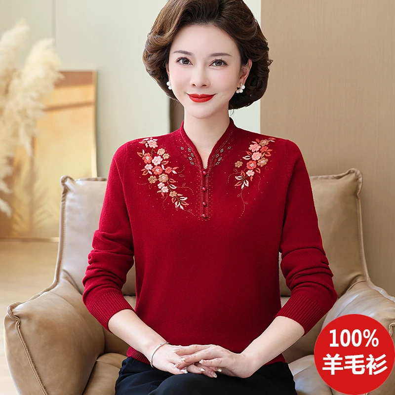 中老年妈妈装100%纯羊毛半高领秋冬针织打底羊毛衫毛衣套头上衣女