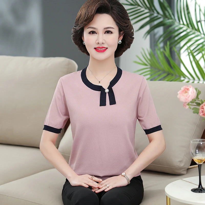 妈妈夏装短袖T恤中年女装洋气针织小衫高贵40岁50中老年时尚上衣