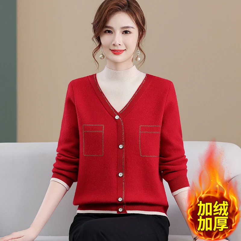 洋气妈妈装冬装一体绒毛衣中年内搭保暖上衣中老年加绒加厚打底衫