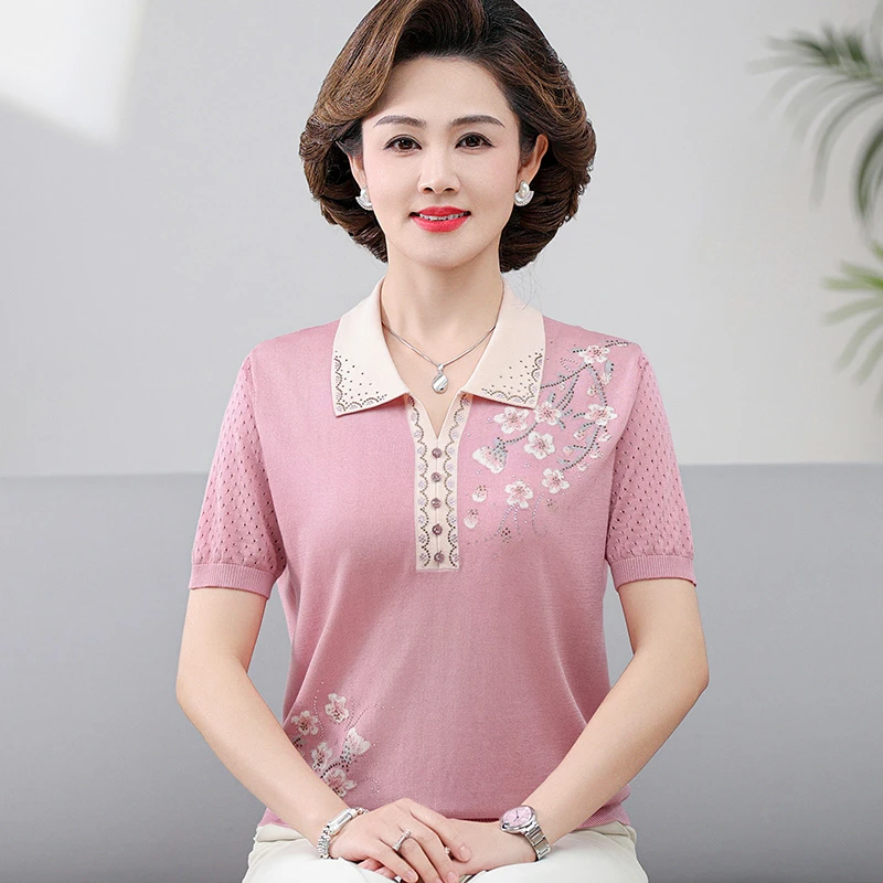 母亲节送妈妈夏装短袖T恤上衣中年洋气新款实用礼物翻领冰丝小衫