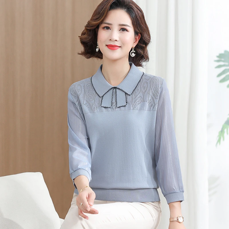 年轻妈妈秋装薄款上衣中年女春秋针织打底小衫中老年洋气纱袖T恤