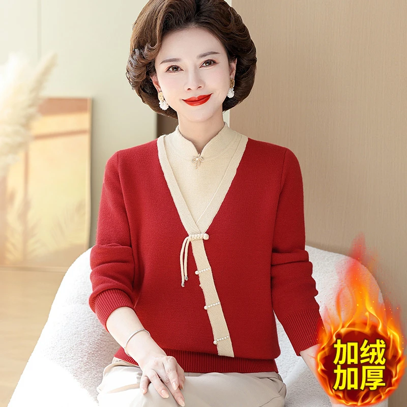 妈妈装冬装2024新款时尚加绒毛衣中老年女冬季加厚打底衫上衣洋气