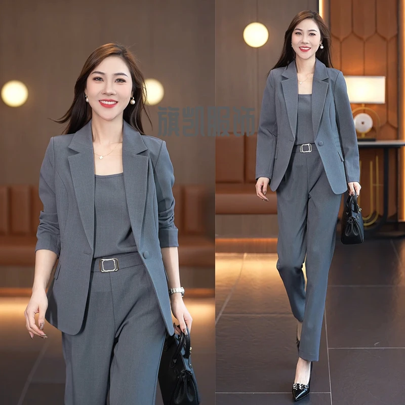 时尚小西装套装女2025春季新款洋气西服外套吊带背心直筒裤三件套