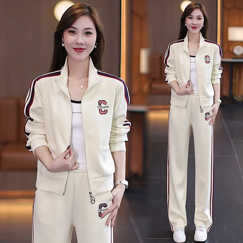 时尚休闲套装女2025秋季新款洋气减龄翻领长袖外套直筒裤两件套