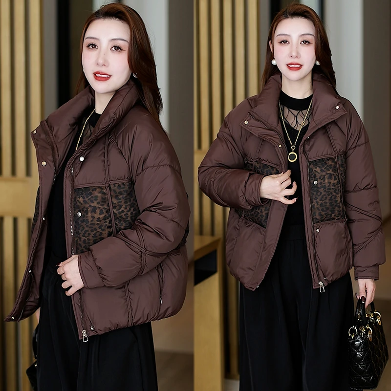 时尚加绒豹纹棉衣外套女2024冬季新款洋气减龄小个子气质保暖棉服