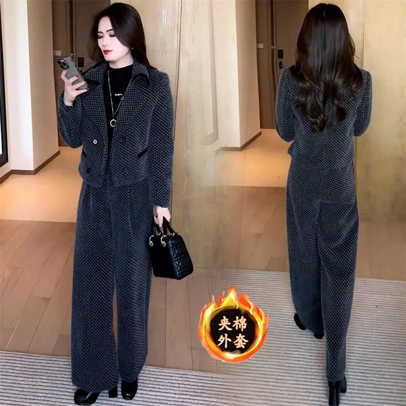 时尚加绒套装女2024冬新款洋气减龄小个子气质外套直筒裤两件套