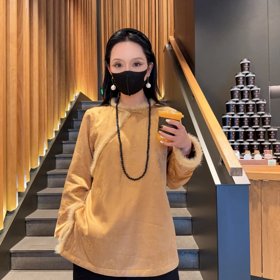 【忆柳】秋冬新款富贵花水貂毛新中式国风复古夹棉上衣