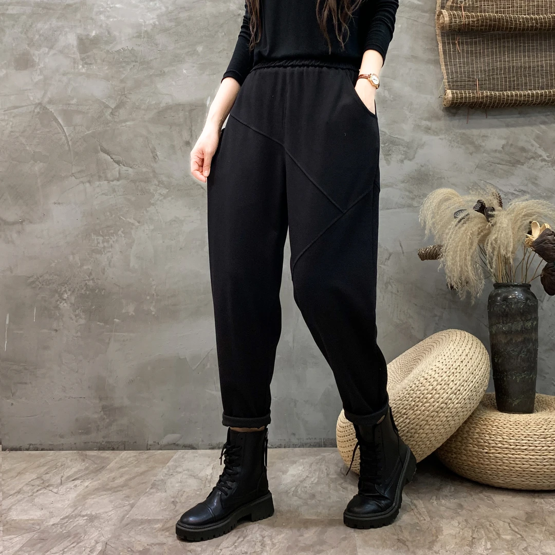 857#秋季新款时尚休闲百搭宽松显瘦松紧腰哈伦裤大码春秋黑色显高