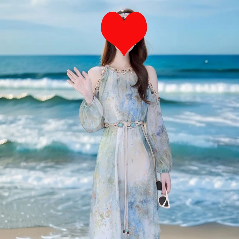 女装连衣裙幽兰法式扎染挂脖亮片连衣裙碎花