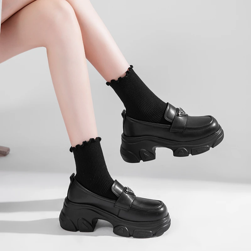 2024新款软底软面乐福鞋真皮圆头厚底女鞋百搭增高时尚休闲单鞋