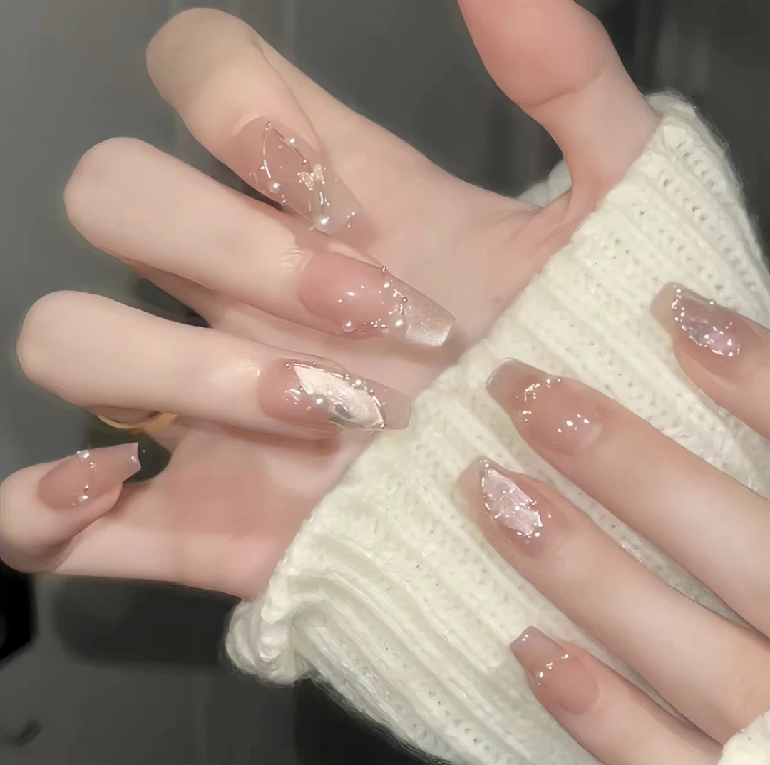 【蝴蝶效应】新款纯手工穿戴甲水蜜桃穿戴美甲中长款显白百搭美甲