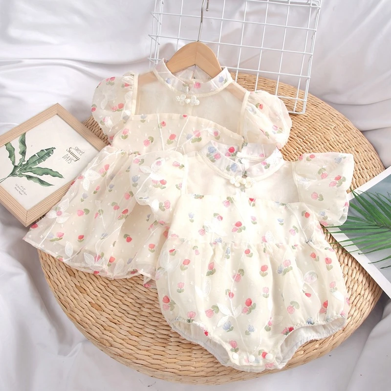 2XLM定制款婴儿夏装短袖哈衣女宝宝薄款中国风旗袍连体衣哈衣幼儿