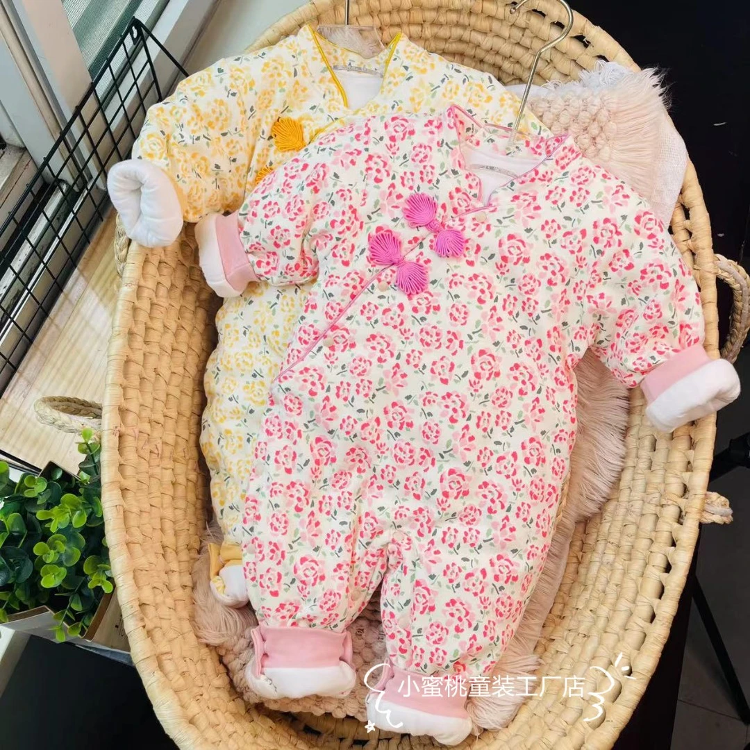 夹棉清仓油画牡丹 女宝120克秋冬款旗袍国风闭档哈衣连体衣