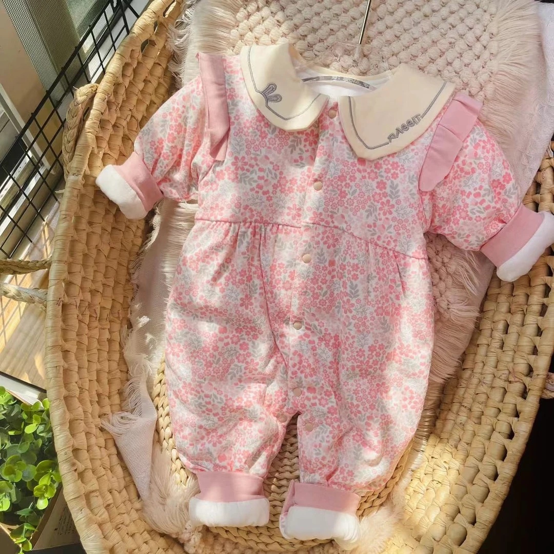 新秋冬款飞袖繁花似锦 女宝可爱120克薄棉 闭档哈衣连体衣婴幼儿