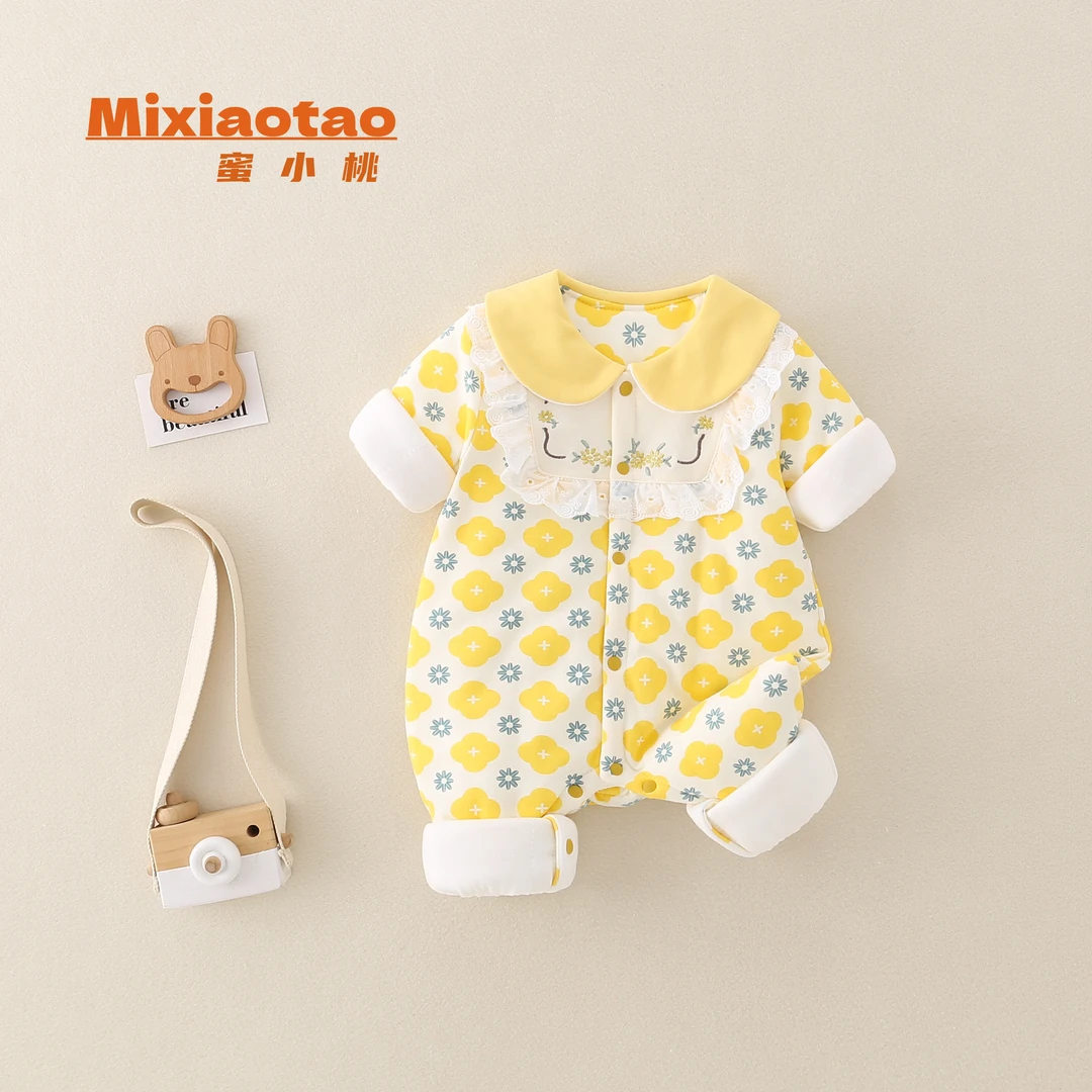 清仓秋冬款120克一朵晶莹薄棉黄色夹棉新生儿婴儿加棉闭档连体衣