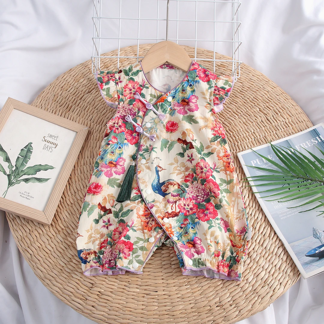 2 XLM 夏款宝宝孔雀复古哈衣连体衣婴幼儿婴儿包屁衣薄款儿童