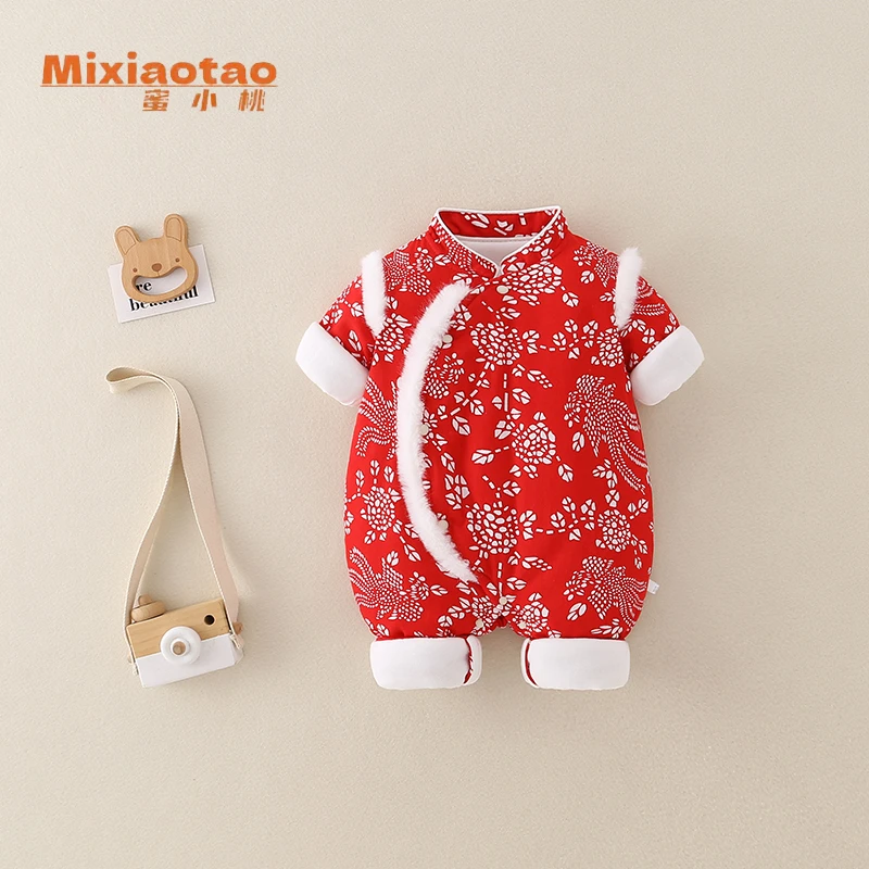 冬款大红棉袄 120克薄夹棉宝宝闭档连体衣哈衣新生儿碎花风