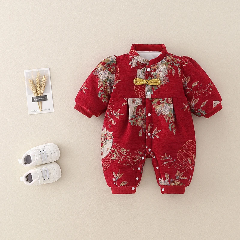 2红色蒲扇春款加厚夹棉闭档连体衣红色哈衣婴儿宝宝满月童装衣服