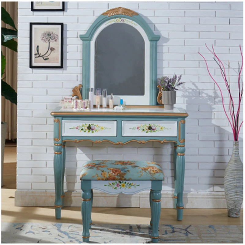 美式乡村彩绘卧室梳妆台复古地中海蓝色梳妆台化妆台妆凳组合家用
