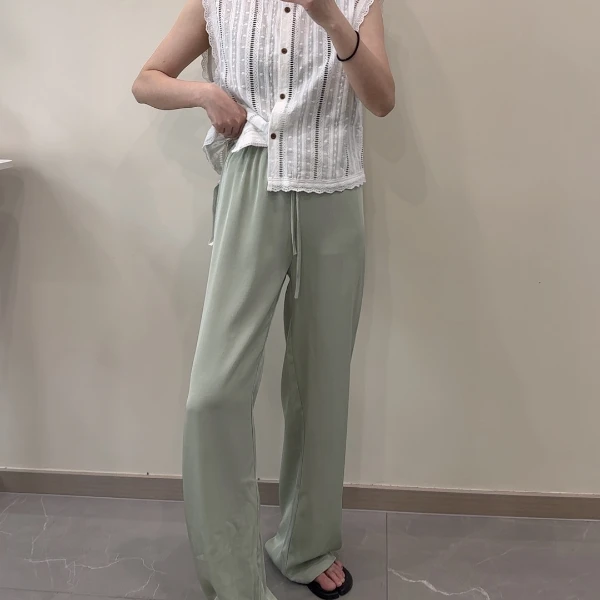 24704CC女装时尚穿搭2024高品质运动垂感高腰阔腿凉凉休闲裤