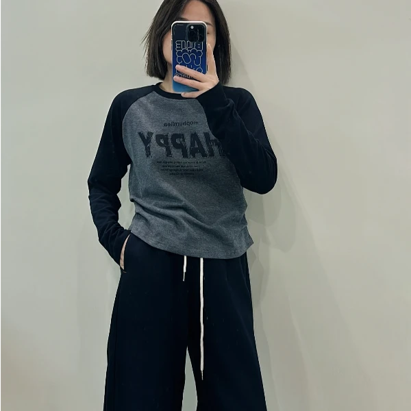 90316小CC女装时尚穿搭2024秋款高品质高级灰拼接字母长袖T恤