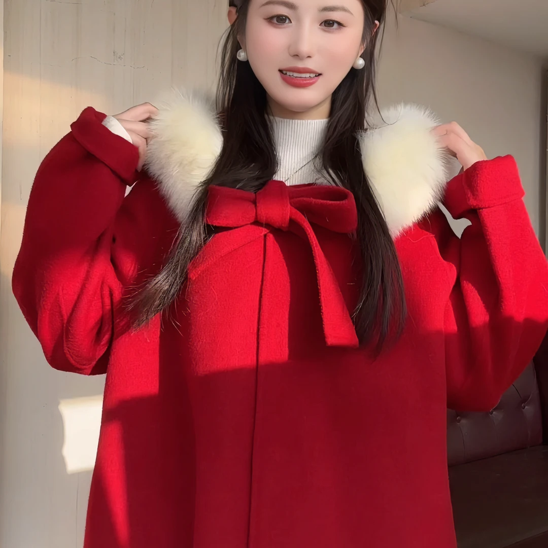 春夏【小千金】秋冬双面呢羊毛大衣小个子款毛呢外套连帽狐狸毛领