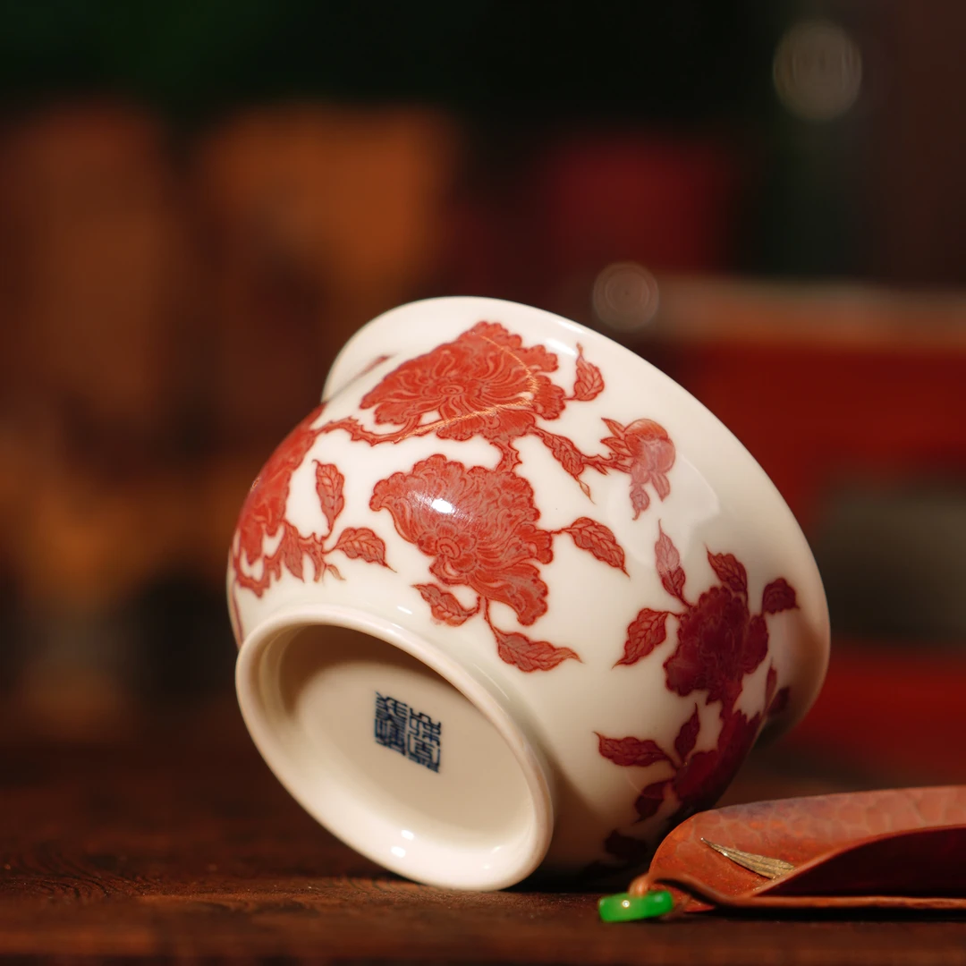 勤义堂  釉里红山茶花炉式杯 陶瓷喝中式茶品茗全手工手绘Q242526