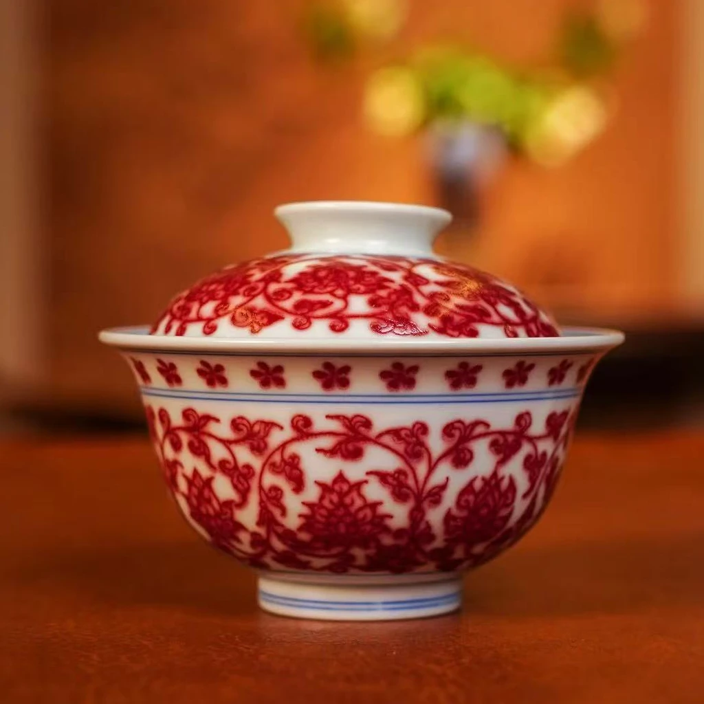 全红釉里红陶瓷手绘蝶恋花兰亭序龙纹家用描金纯手工缠枝莲盖碗