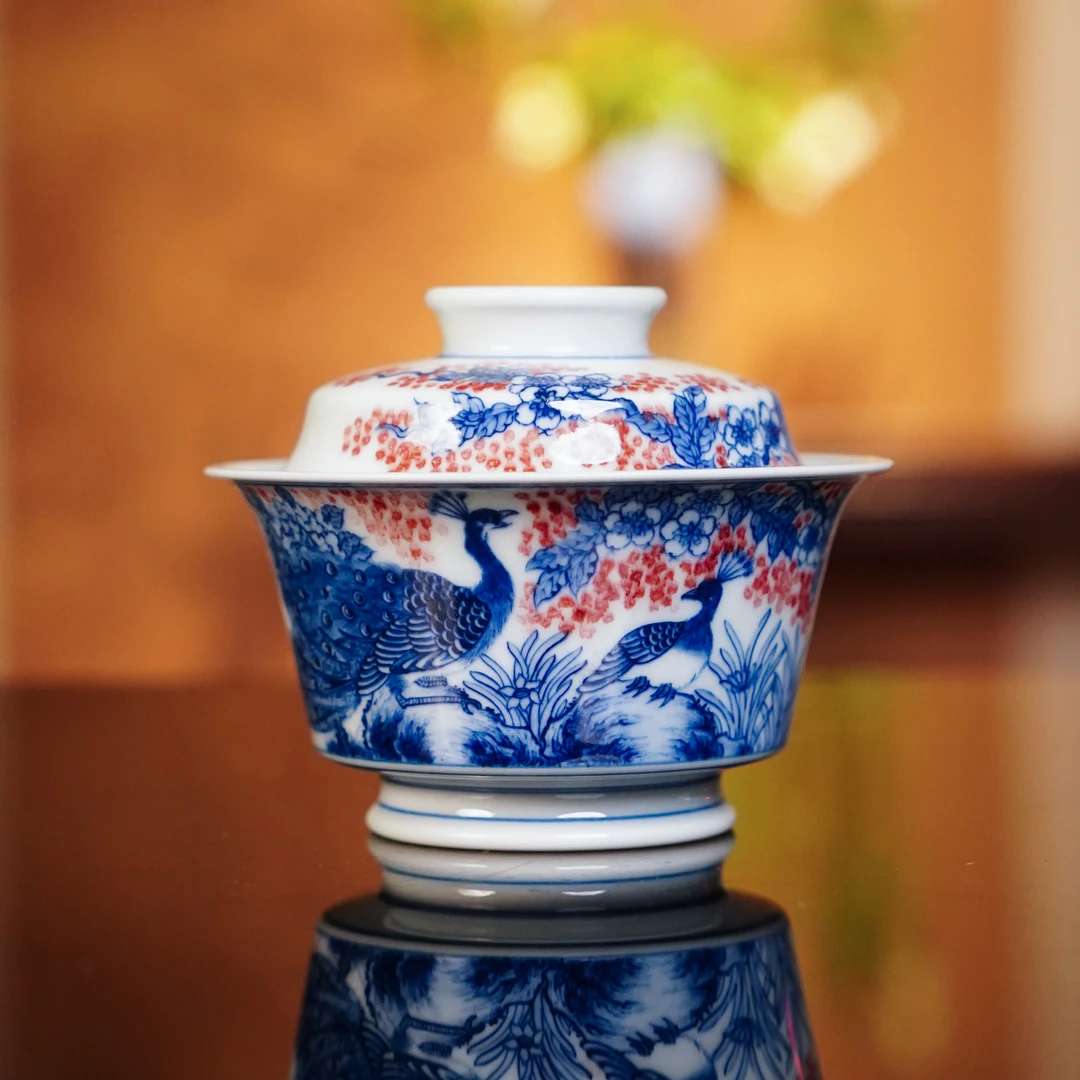 釉里红孔雀盖碗  茶具茶杯纯手绘手工陶瓷 ZDYY861