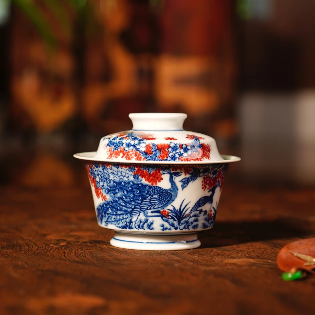 釉里红孔雀盖碗 茶杯创意中式饮茶茶具喝茶陶瓷中式茶具 ZDYY861