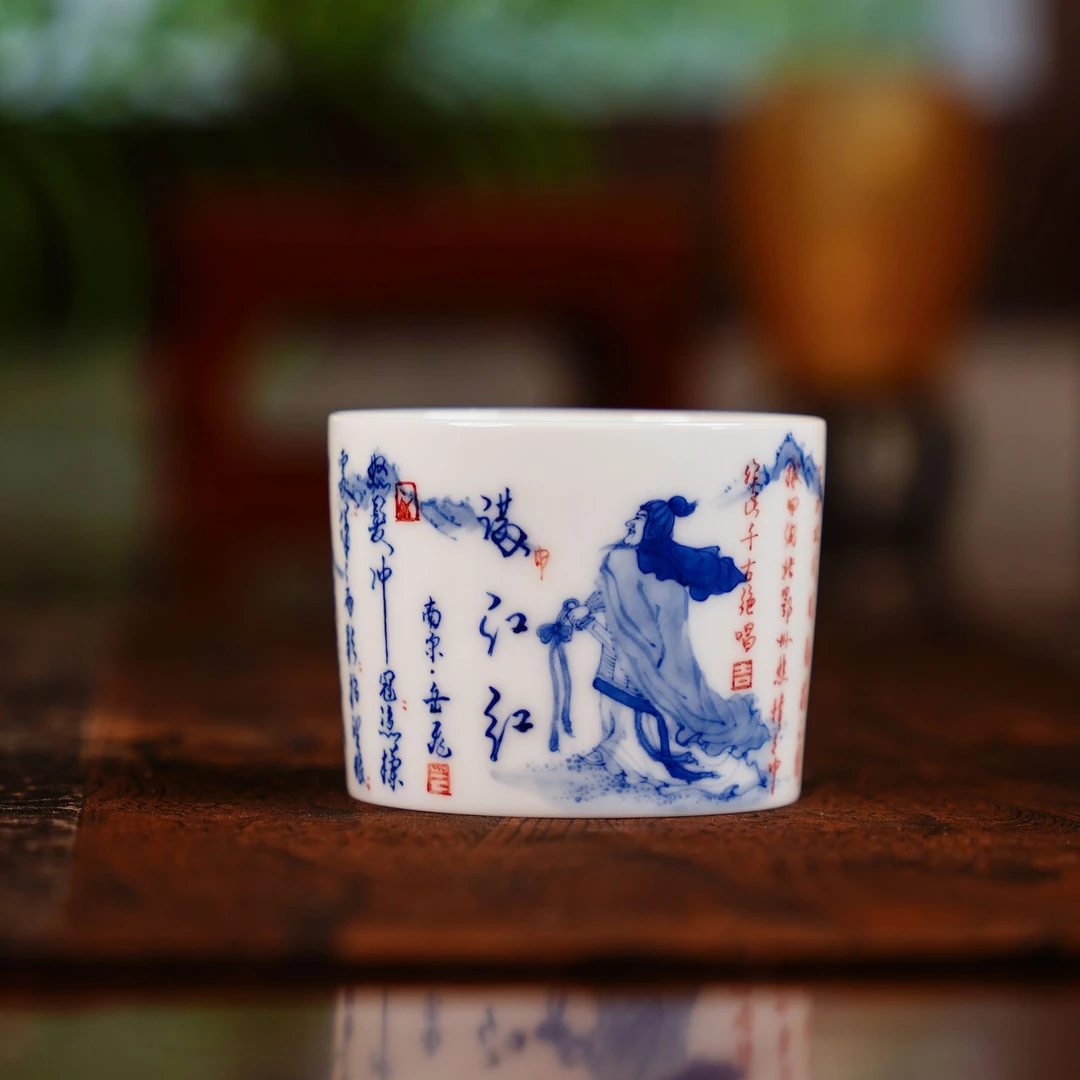 画堂春 满江红杯 青花喝茶茶器手绘品茗饮茶手工主人杯瓷  htc026