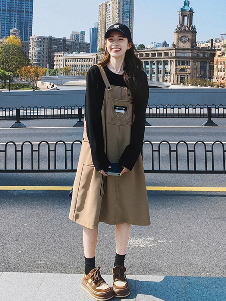 假两件拼接背带连衣裙女装大码胖MM宽松遮肉显瘦减龄小个子卫衣裙