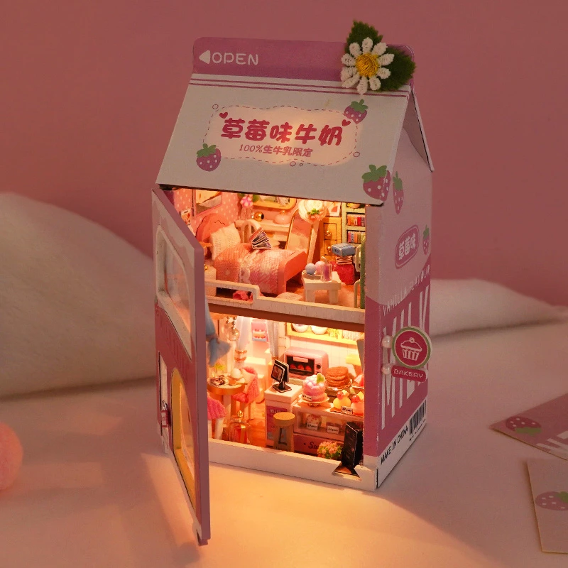 手工小屋牛奶盒小夜灯微缩场景房子拼装建筑模型玩具生日礼物