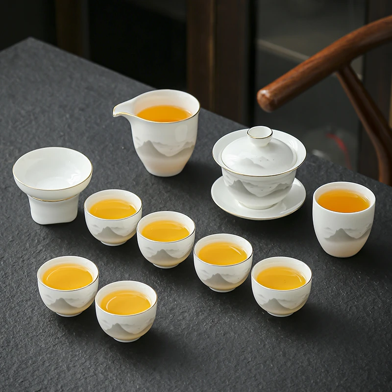 晟翔陶瓷茶具套装佰格山峰盖碗主人杯11头加茶巾