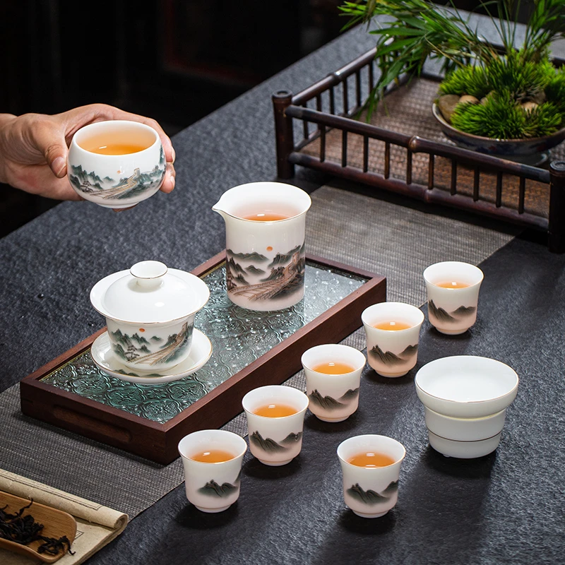 晟翔陶瓷茶具万里长城羊脂玉盖碗十件套加主人杯