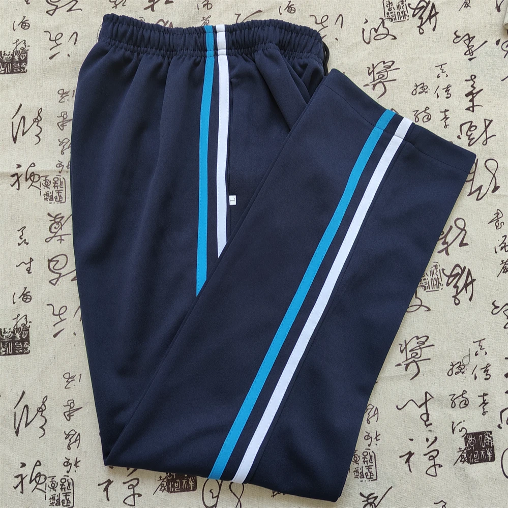 蓝白条校裤两条杠直筒宽松初高中运动裤白蓝两道杠小学生校服裤子