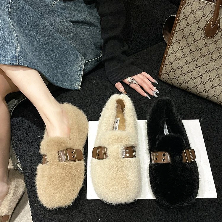 毛毛鞋女外穿2024秋季新款百搭一脚蹬平底鞋子法式豆豆鞋加绒棉鞋