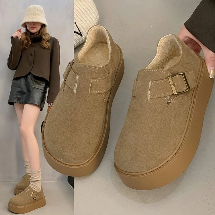 勃肯鞋女2024新款秋冬季厚底单鞋时尚百搭乐福鞋子加绒全包博肯鞋