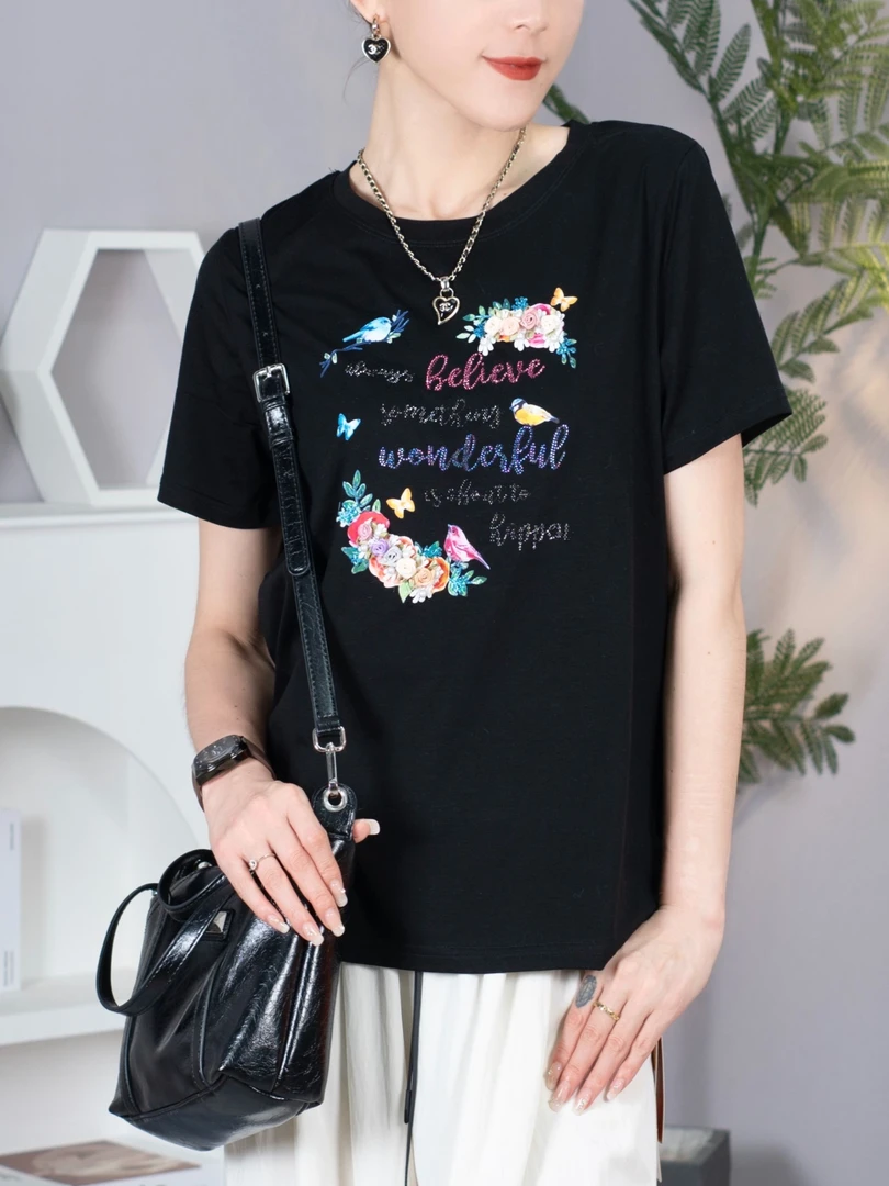 花卉 时尚减龄百搭短袖T恤女简约大气设计感上衣印花潮流71167