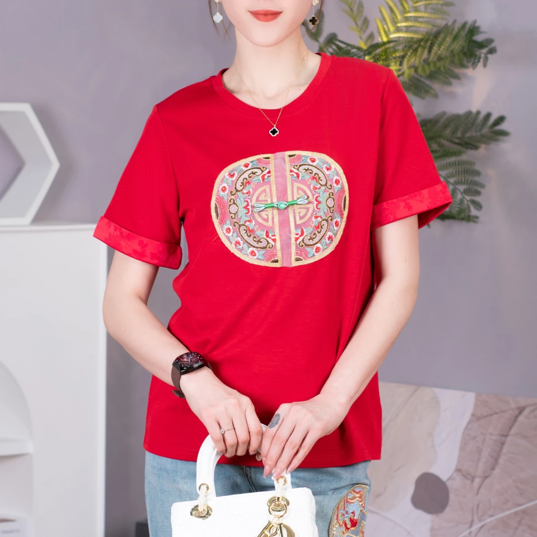 花谱 国风重工刺绣百搭减龄新中式短袖T恤女设计感撞色上衣71145#