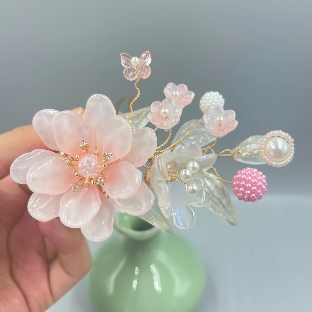 听雨楼铜合金 粉蝶琉璃发梳 古风汉服发饰胖桃花粉色