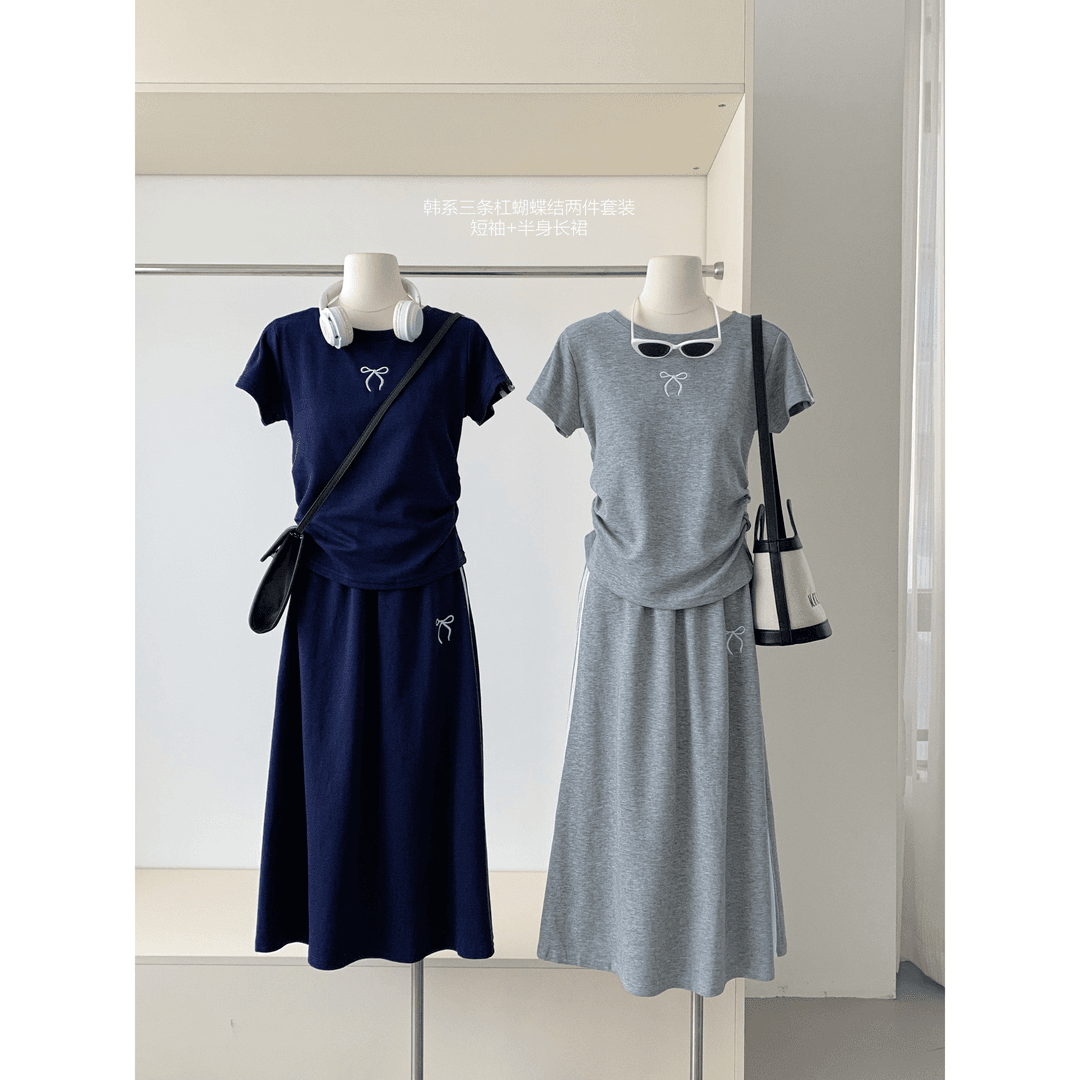 韩版运动休闲时尚三条杠蝴蝶结短袖T恤半身裙女夏季显瘦小众套装