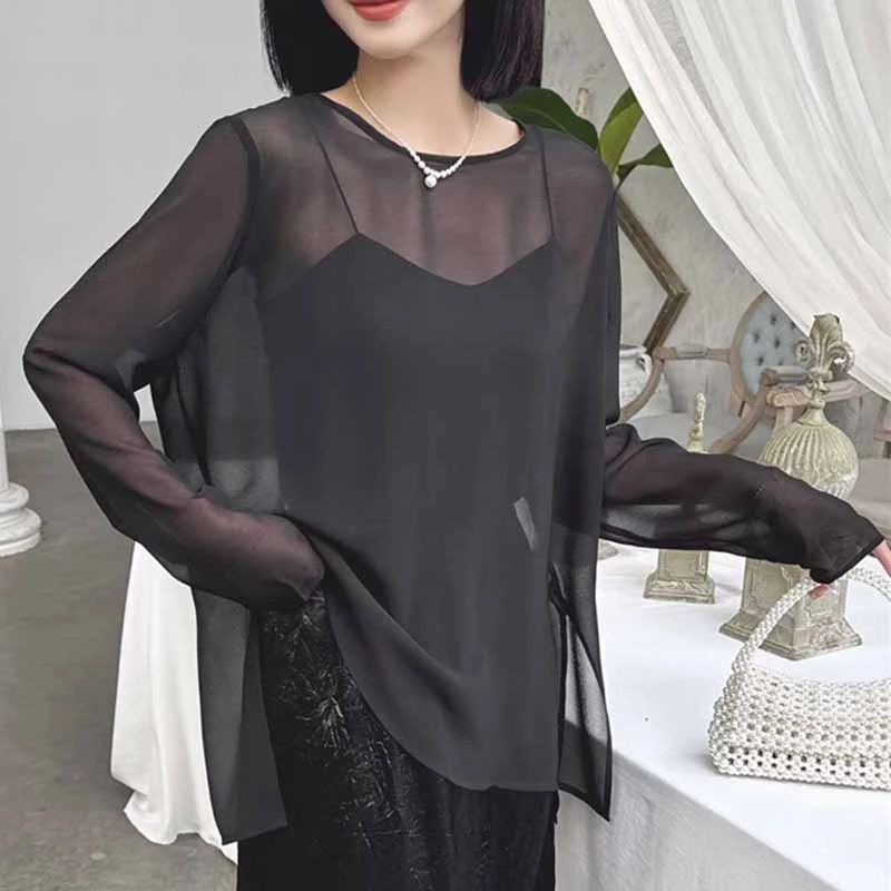 【栖谷】新款百搭乔其纱雪纺罩衫宽松时尚高贵洋气纯色遮肚子上衣女