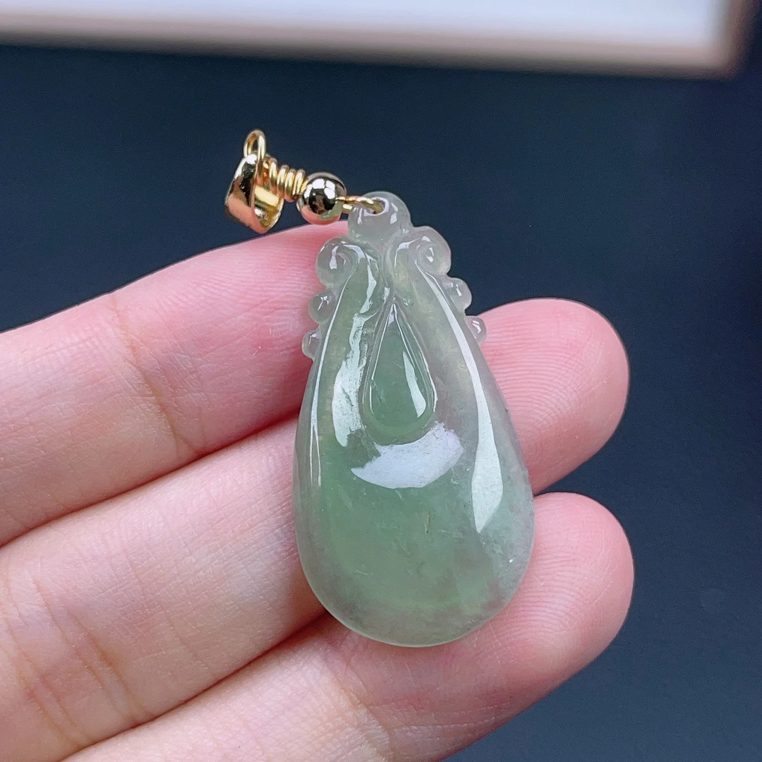 正品天然翡翠冰绿福贝吊坠33/16.7/4.6冰透飘绿精美通透气质