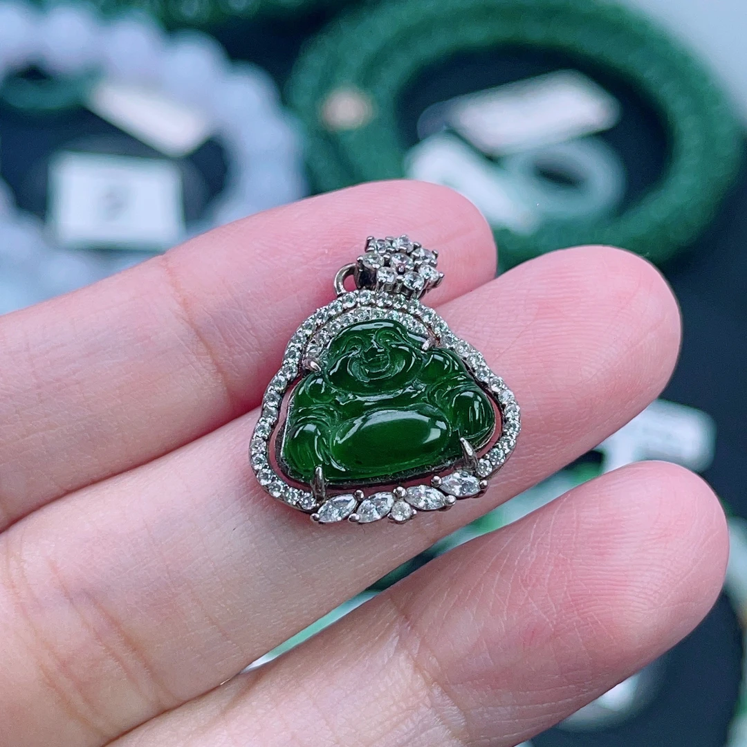 天然翡翠925银满绿辣绿色佛公挂件吊坠21/18/4.3精美镶嵌冰阳绿