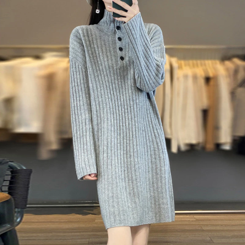 LY2411新款100%纯羊毛宽松连衣裙慵懒中长款毛衣打底高领女装潮