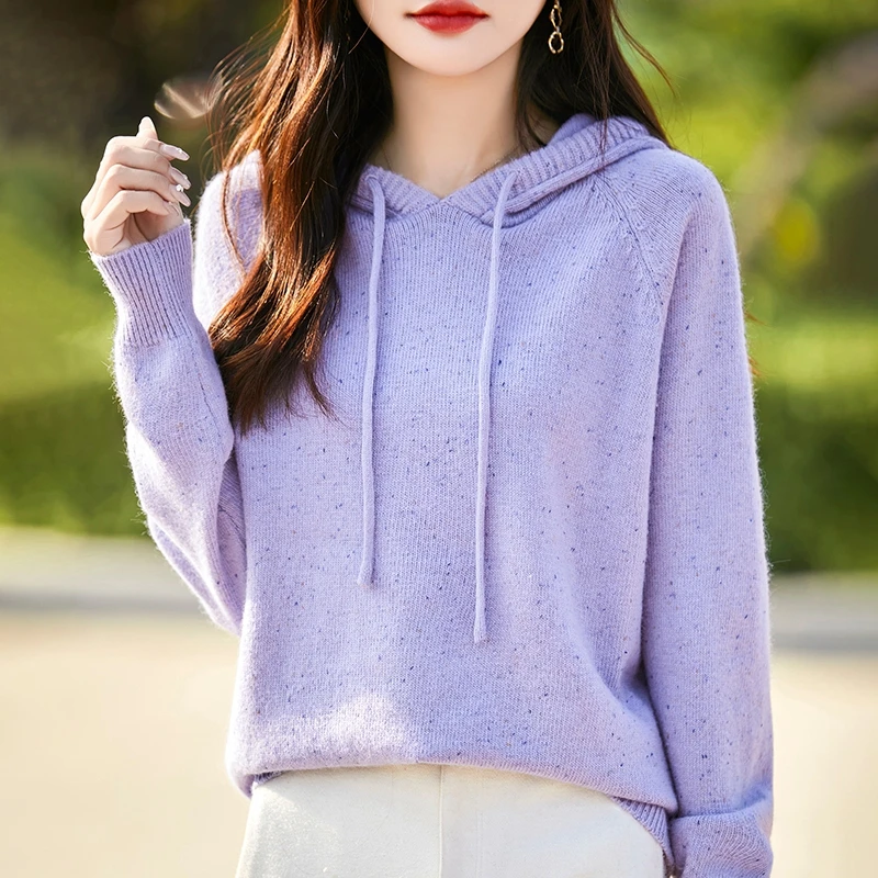 NS2417浣熊点子纱帽衫连帽长袖针织衫休闲套头带帽上衣女秋冬