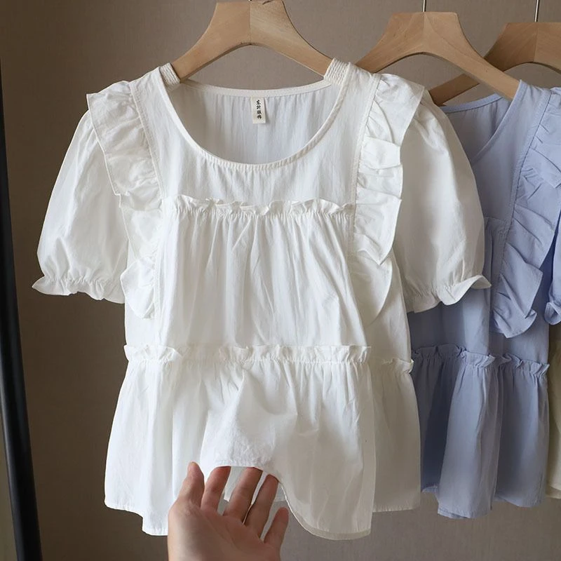 别致甜美气质圆领泡泡短袖白色衬衫设计感衬衣宽松法式裙摆上衣