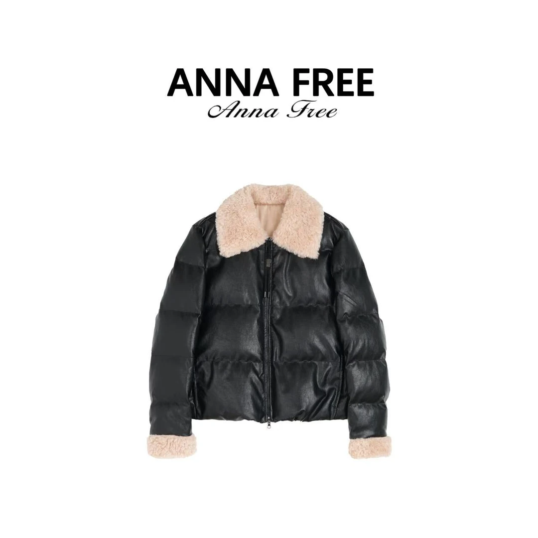 ANNA FREE 常规羽绒服保暖休闲设计师黑色翻领时尚拼接ZCE24772