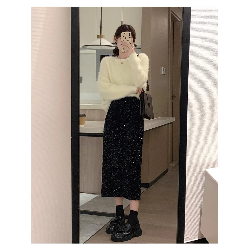 长款鱼尾裙丝绒亮片裙半身裙黑色半裙亮闪闪半身裙
